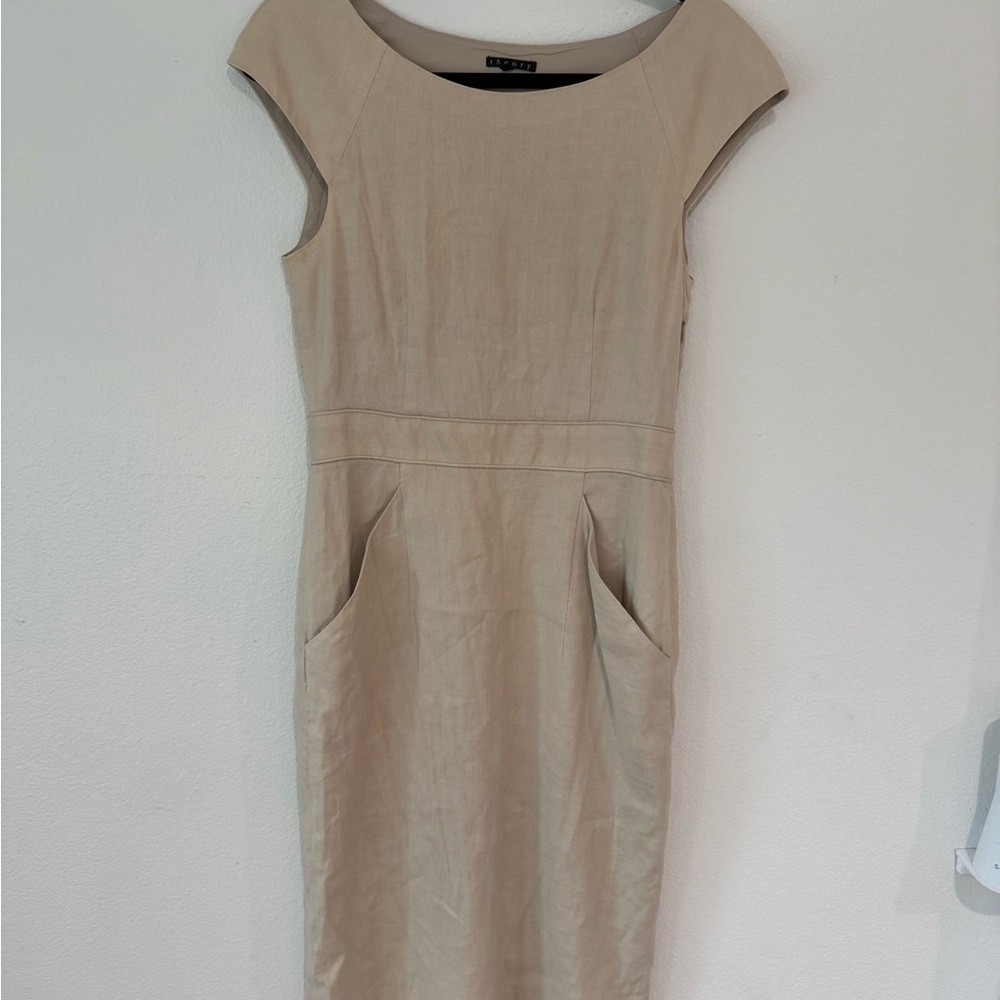 Theory Beige Cap-Sleeve Linen Pencil Dress